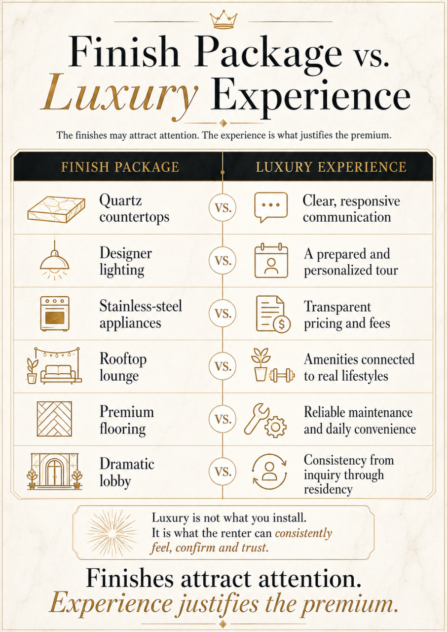 Elevated Spaces–style infographic titled “Finish Package vs. Luxury Experience,” comparing visible apartment upgrades such as quartz countertops, designer lighting, stainless-steel appliances, rooftop lounges, premium flooring, and dramatic lobbies with the renter experiences that truly justify a premium: responsive communication, personalized tours, transparent pricing, lifestyle-relevant amenities, reliable maintenance, and consistent service from inquiry through residency. The graphic reinforces that finishes attract attention, but the experience is what makes luxury believable.
