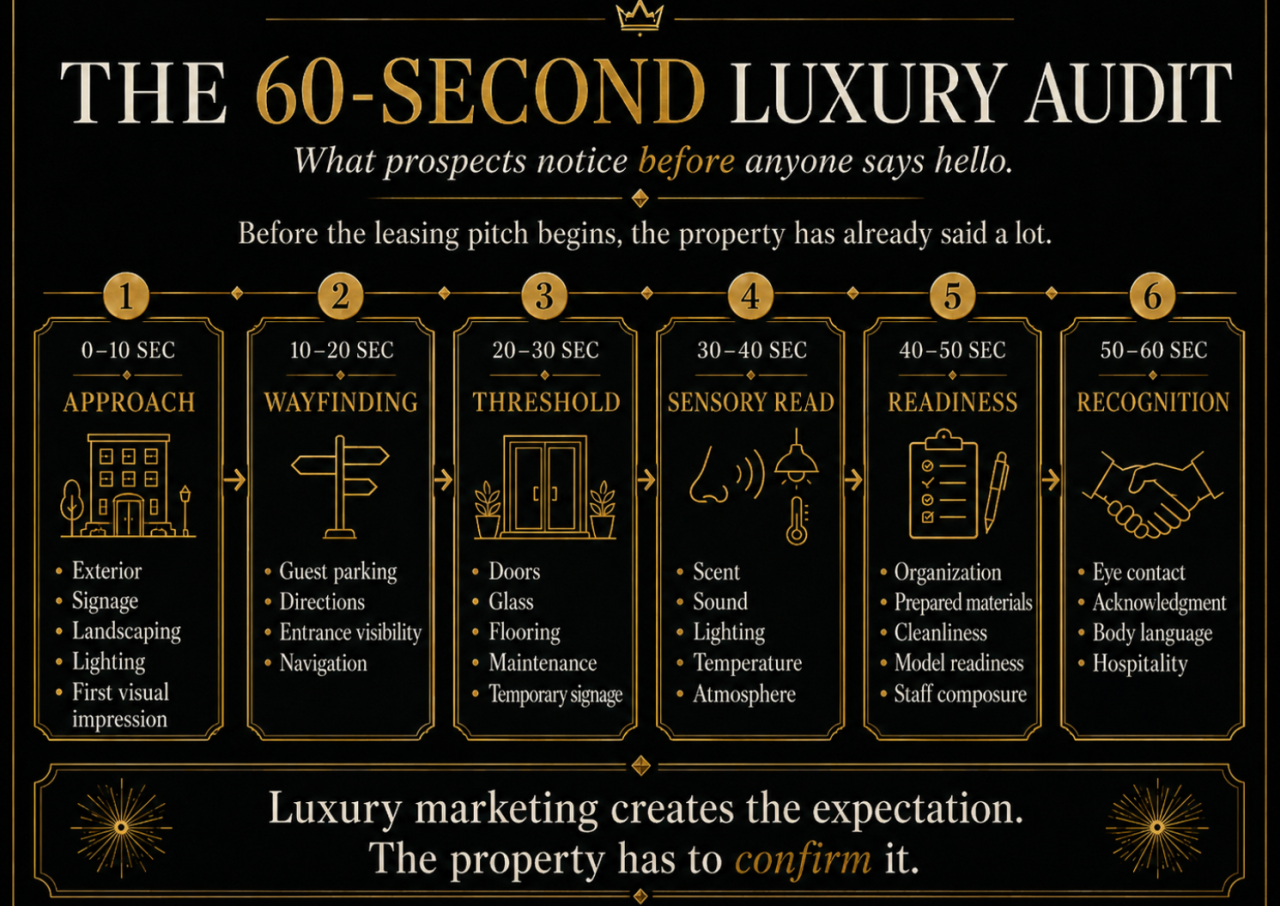 Elevated Spaces-style infographic titled “The 60-Second Luxury Audit,” breaking the prospect’s first minute onsite into six 10-second stages: approach, wayfinding, threshold, sensory read, readiness, and recognition. Each stage highlights what prospects notice, including exterior condition, signage, parking, entrance visibility, scent, sound, lighting, cleanliness, prepared materials, eye contact, and hospitality. The graphic reinforces that luxury marketing creates the expectation, while the property must confirm it. Concept by Ashley Effinger