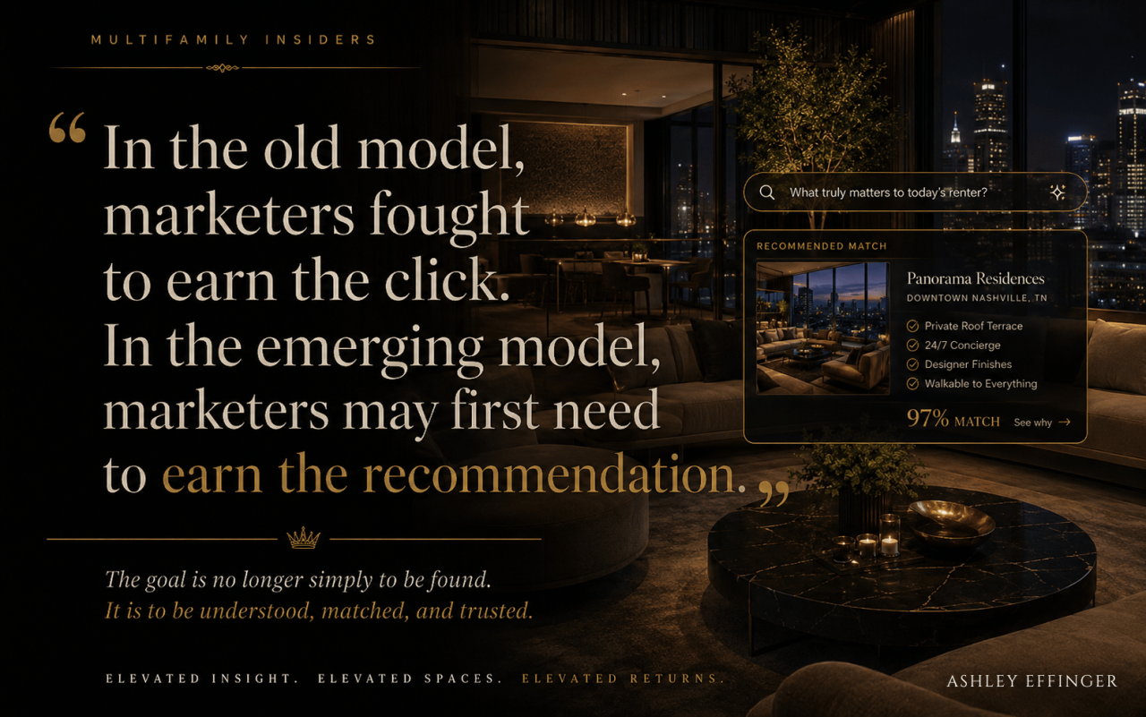Luxury quote graphic over a sophisticated nighttime apartment interior reading, “In the old model, marketers fought to earn the click. In the emerging model, marketers may first need to earn the recommendation.”