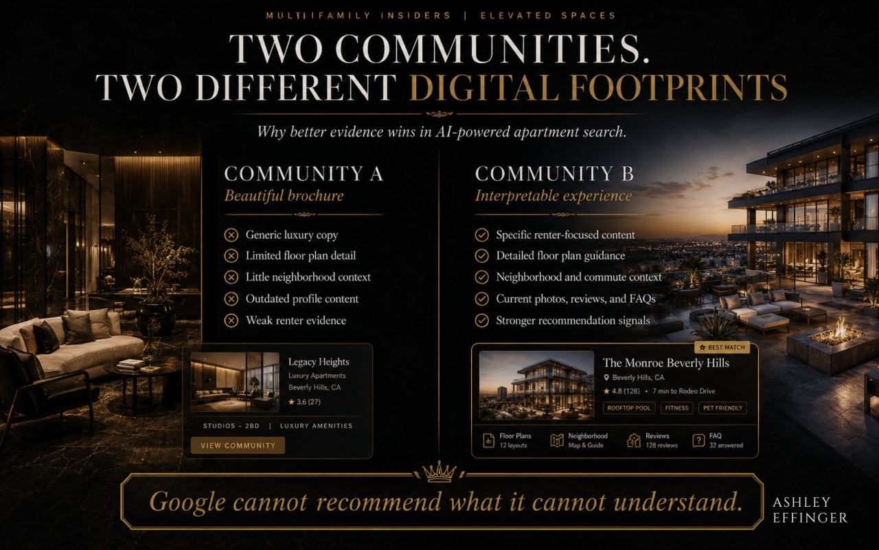 Luxury comparison graphic contrasting Community A and Community B, showing how stronger renter-focused content, better floor plan detail, reviews, and neighborhood context create stronger recommendation signals in AI-powered apartment search.