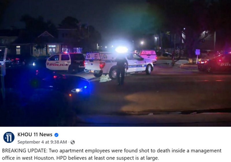 *** UPDATE ~ A suspect has been arrested. He is a resident at the community.This makes my heart hurt. What is your Management Company doing to address safety of the staff on your properties?February 12 (Houston, TX): A gunman entered the leasing office at Westchase Forest Apartments, killing one female employee and injuring a male employee before dying by suicide.July 20 (St. Paul, MN): Three apartment-management employees were killed inside a leasing office following a dispute.September 2 (Minneapolis, MN): Building staff members were among those injured during a mass shooting at the Shoreline Plaza apartment building.September 3 (Houston, TX): Two apartment employees were found shot to death inside a management office at the Park at Woodlake Apartments.